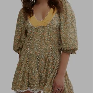 FREE PEOPLE puff sleeve Floral Green and Yellow Dress
